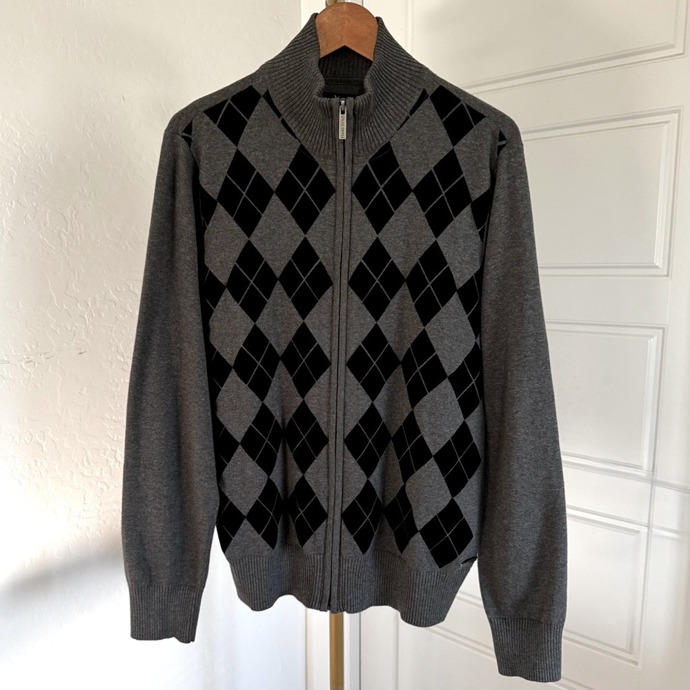 Cozy Men's Gray‎ Black Felt Argyle Zip Up Long Sleeves Cardigan Sweater Size M